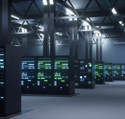 A modern CITEC data center interior with rows of illuminated server racks and overhead industrial lighting.