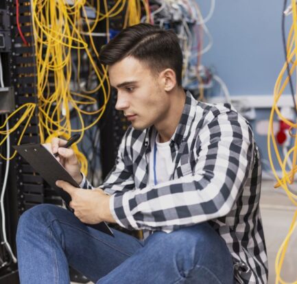 A network cabling contractor in a checkered shirt sits on the floor of a server room, writing on a clipboard, surrounded by an array of network cables and server racks.